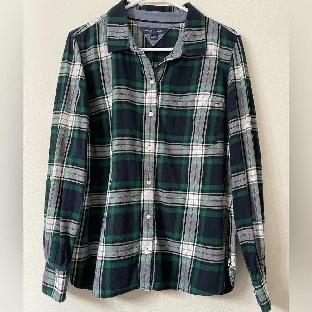 Tommy Hilfiger Blue and Green Plaid Button-Down Shirt Size Large
